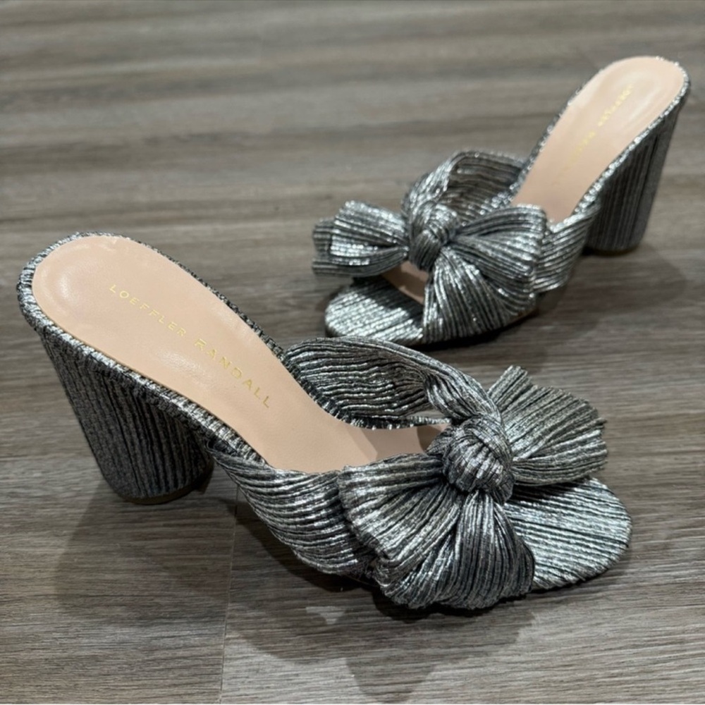 Loeffler Randall Penny Dark Silver Pleated Bow Fabric Sandal Heel Mules - Picture 3 of 9